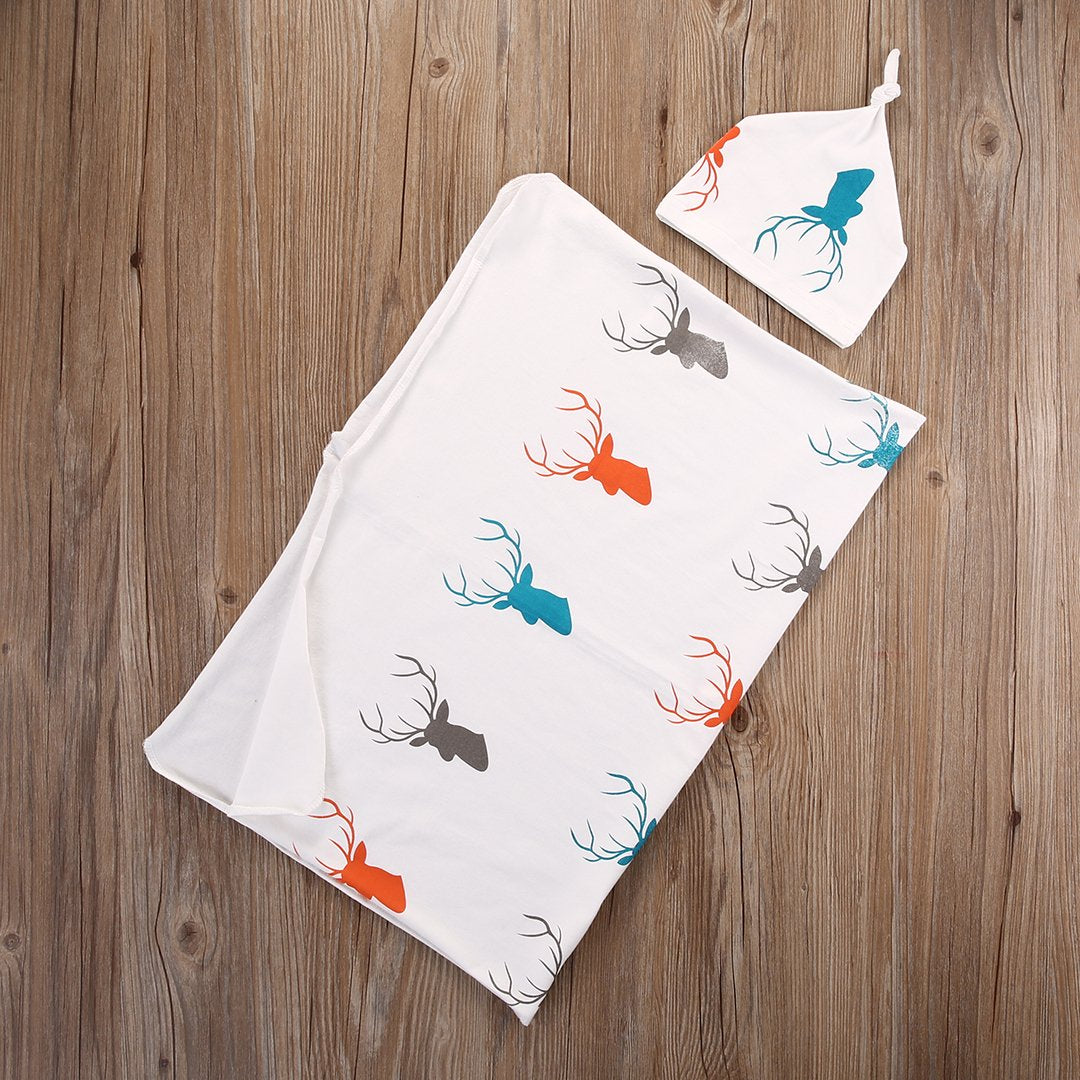 Newborn Swaddle Blanket and Hat Set — 100% Cotton, Deer Design (Blue & White)