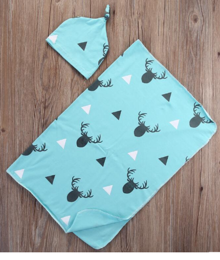 Newborn Swaddle Blanket and Hat Set — 100% Cotton, Deer Design (Blue & White)