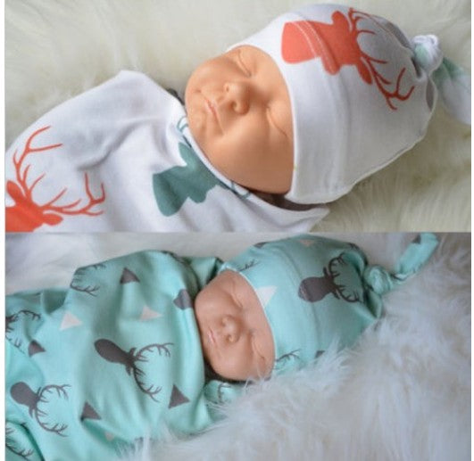 Newborn Swaddle Blanket and Hat Set — 100% Cotton, Deer Design (Blue & White)