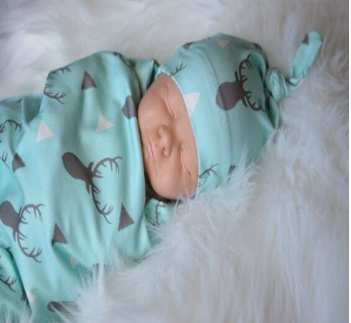 Newborn Swaddle Blanket and Hat Set — 100% Cotton, Deer Design (Blue & White)