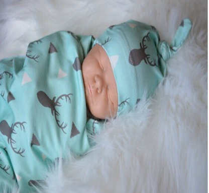 Newborn Swaddle Blanket and Hat Set — 100% Cotton, Deer Design (Blue & White)